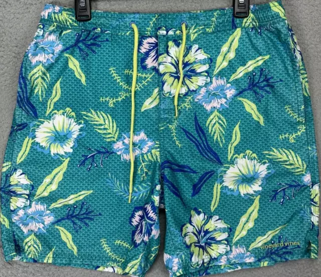 Vineyard Vines Swim Trunks Mens Medium Green Floral Whale Mesh Lined Swimwear