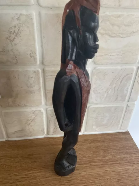 Vintage unusual African Hand Carved Tribal man  Figure Statue Wooden 13” tall 2