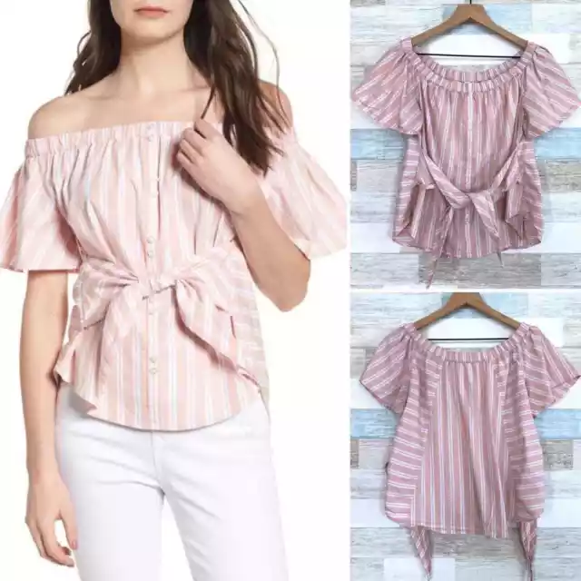 BP Nordstrom Tie Front Off The Shoulder Top Pink White Striped Womens Medium