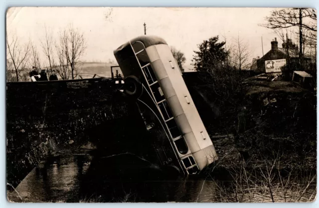 British Bus Crash Bridge Disaster with Military Onlooker Old RP Postcard