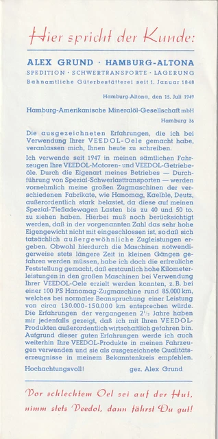 Prospekt Veedol Motorenöle alt Hamburg Amerikanische Mineralöl Gesellschaft MBH 3