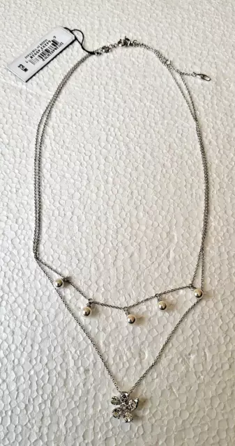 Nadri $75 Pearl CZ Flower Pendant Shaker Crystal Silver 2 in 1 Layered Necklaces