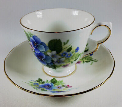 Queen Anne Bone China Cup and Saucer 8609 Blue, Pink Flowers with Gold trim