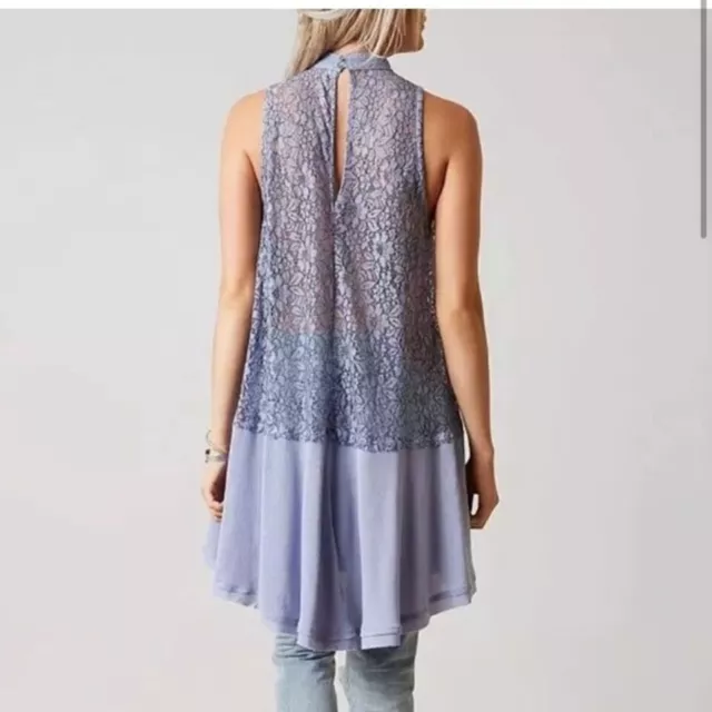 Free People Womens Tell Tale Lace Sleeveless Tunic Top XS Blue Keyhole Boho 3