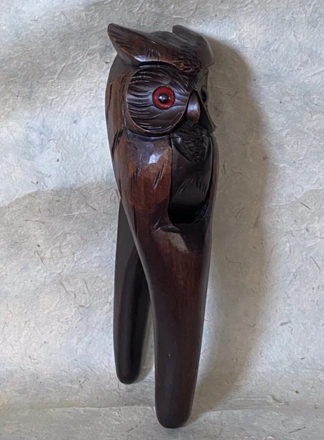 OWL NUTCRACKER w/ Paperweight Eyes Antique Wooden Black Forest Swiss early 20thC