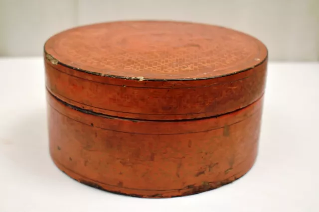 Ancien Birman ( Bagan) Rouge Laqué Enroulé Bambou Betel Noix Boîte Main Peint "