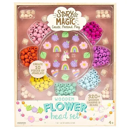 Wooden Flower Bead Set, Over 300 Large Hole Wood Beads & Charms for Beading B...