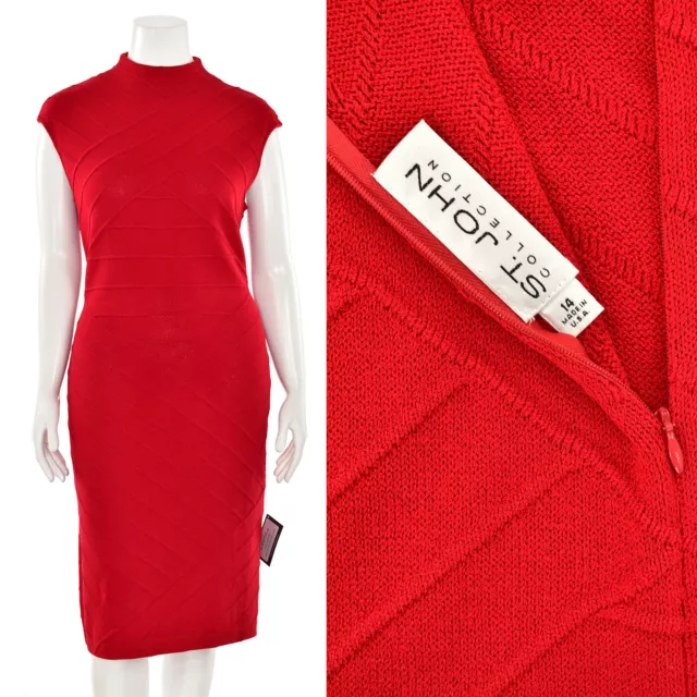 *LOVE!* St. John Collection Red Santana Knit High Neck Welted Sheath Dress sz 14