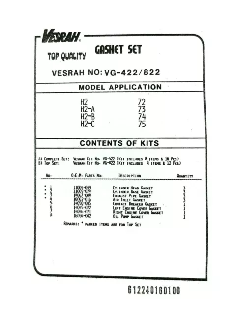 Dichtungssatz VESRAH Top End Gasket set KAWASAKI H2 750 A B C Mach 4 73-75 2