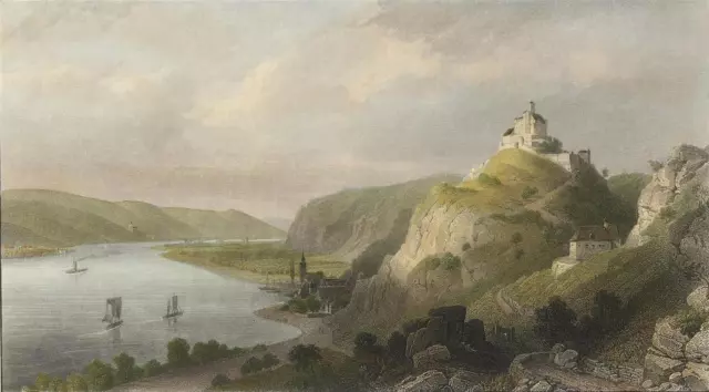 BRAUBACH (Rhein) - Panoramaansicht - Marksburg - kolorierter Stahlstich um 1850