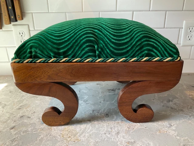 Antique Mahogany Foot Stool w/ New Velvet Upholstery 17.75 x 12 x 11.25” Green