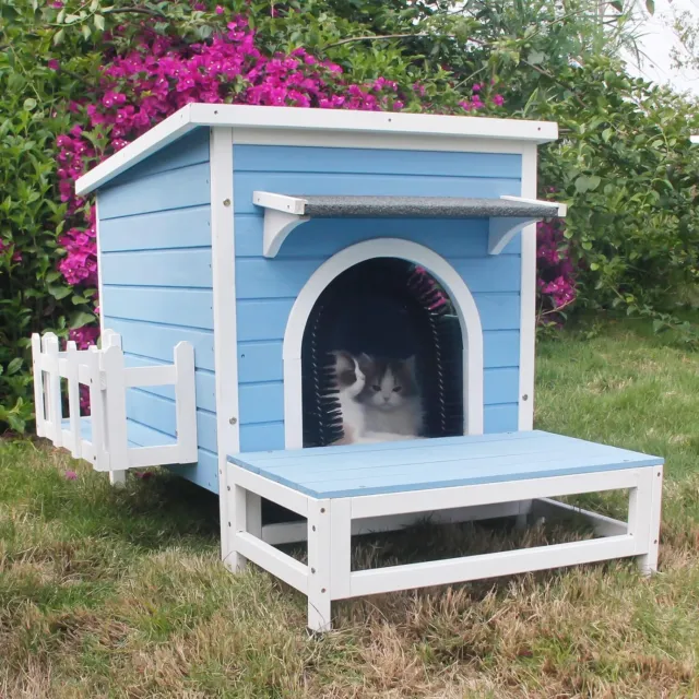 Large Cat House Outdoor Feral Cat Condo Wood Kitty Kitten Shelter w/Escape Door