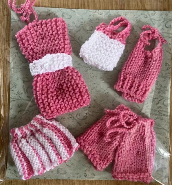 Hand knitted Pink/White Barbie type Doll Clothes - NEW - Shorts, Top, Bag, dress