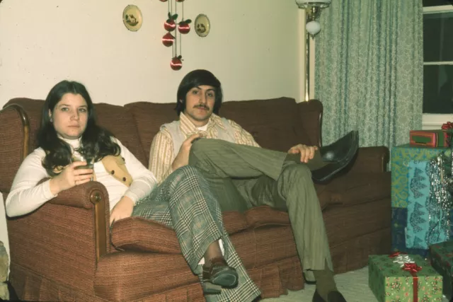 1970s Young Couple Man Woman on Couch Drinking Christmas Day Vintage 35mm Slide