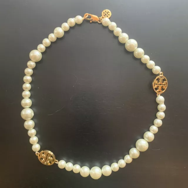 Tory Burch Faux Pearl Evie Logo Collar Necklace Gold Tone 18" Mint 2