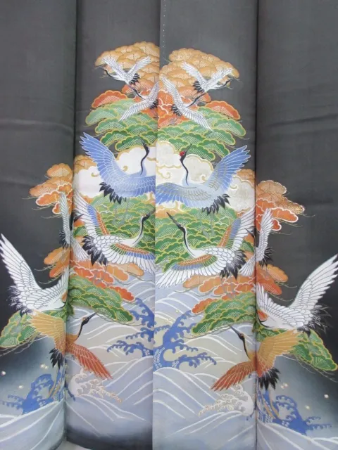 8124A4 Silk Vintage Japanese Kimono Tomesode Crane Birds