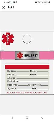Brazalete de identificación médica EPILEPSIA con tarjeta de alerta médica. Rosa. Pulsera ajustable