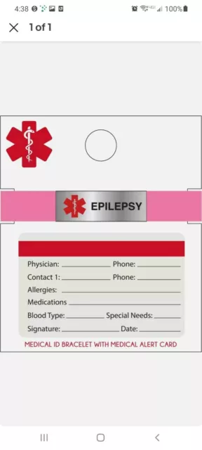 Pulsera de identificación médica EPILEPSIA con tarjeta de alerta médica rosa ajustable (T16)