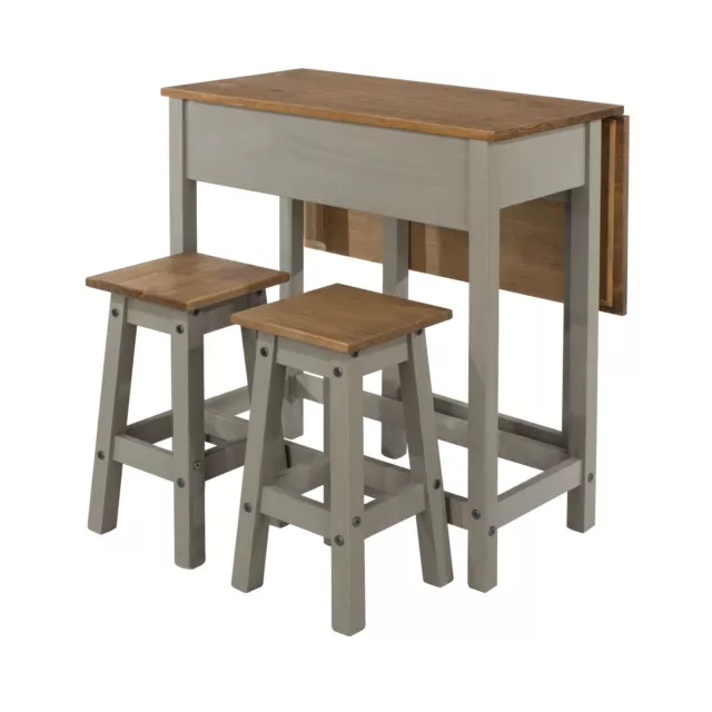 Rustic Breakfast Table Lunch Counter Bar Drop Leaf 2 Stool Kitchen Set Pine Grey
