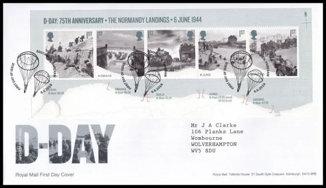 2019 GB D-Day 75th Anniversary Miniature Sheet Royal Mail FDC Southwick Fareham