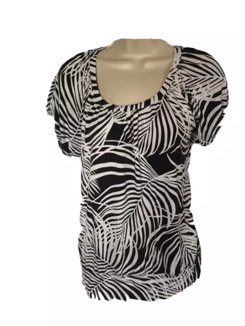 Kenneth Cole New York Womens Size L Black White Pattern Short Sleeve Blouse Top