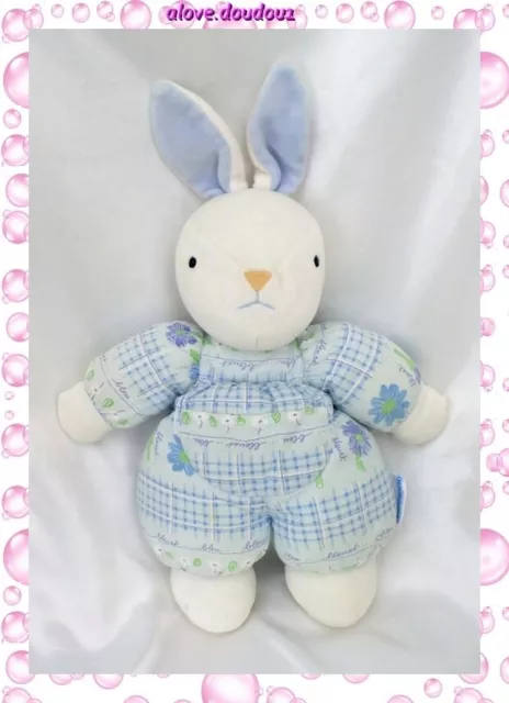 Doudou Peluche Lapin Blanc Carreaux Fleurs Bleu Nounours