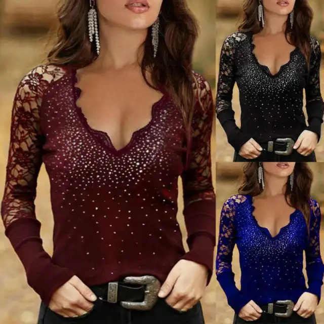 Womens Beaded T-shirt Tops Lace Long Sleeve V-neck Blouse Ladies Casual Pullover