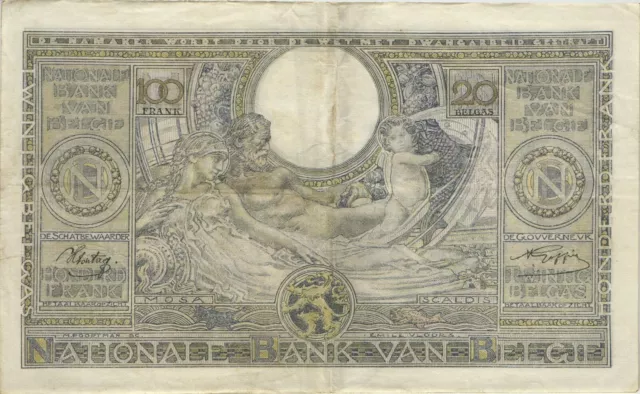 Belgien / Belgium P.107 100 Francs = 20 Belgas 1938-43 (3) 2