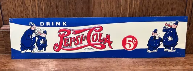 Vintage Original 1940 Pepsi Pete 5¢ Cola Cops Police Litho Embossed Tin Sign