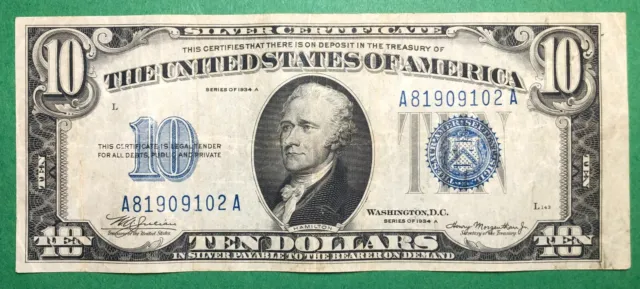1934 A - $10 Dollar - Silver Certificate - Blue Seal - Very Fine
