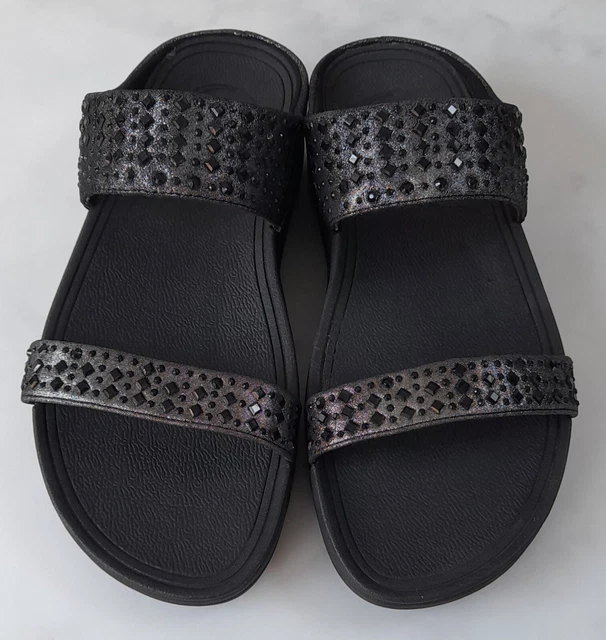Fitflop Novy Slide Size 6.5/40 Grey/Pewter Black Rhinestone Sandals Vgc Free P&P