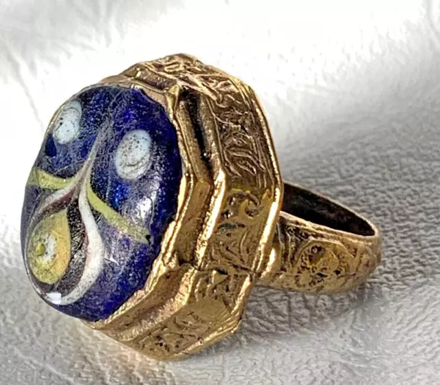 Ancient Antique Roman Ring Bronze intaglio Engraved BLUE Stone