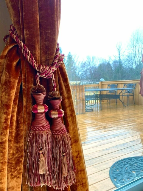 A Pair of 29" Red/Gold Luxury Wood Curtain Drapery Tassel Tieback Holdbacks