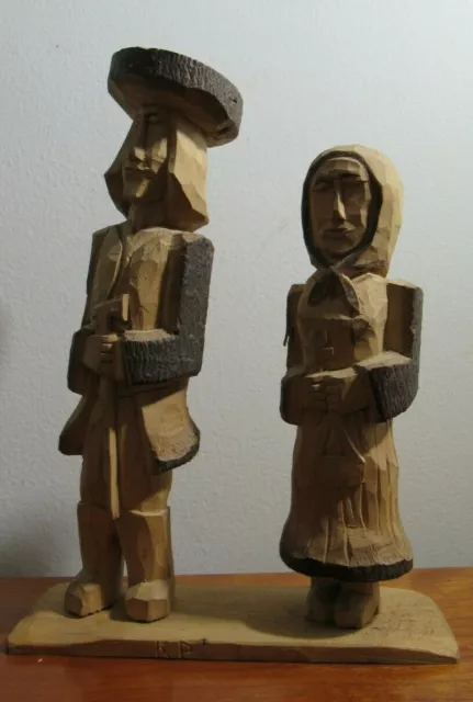 Vintage Pavek Kasnik Signed Folk Art Hand Carved Wooden Man Woman Czech Klalovy