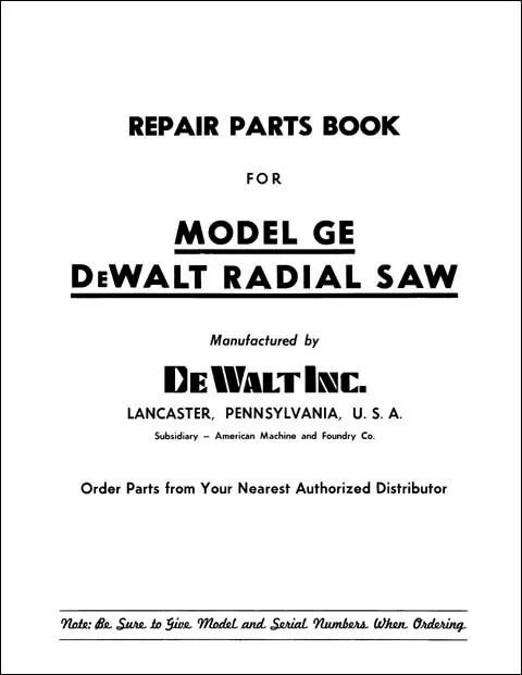 Dewalt Model GE Manual Radial Arm Saw Parts