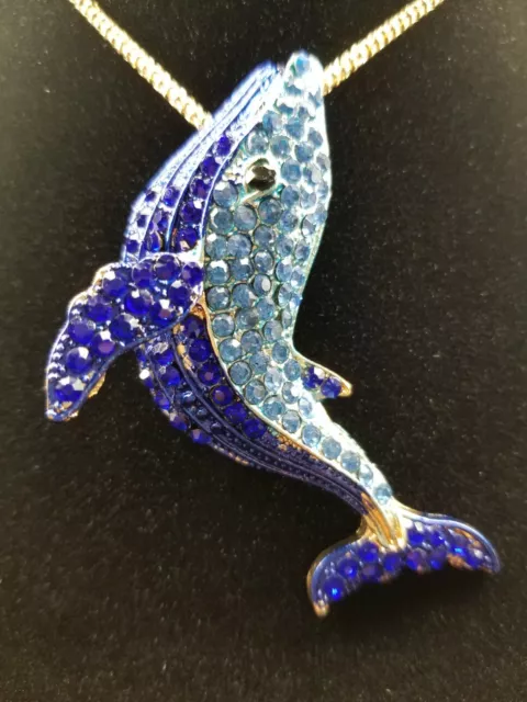 Adorable Betsey Johnson Blue Enamel & Crystal Rhinestone Whale Pendant Necklace