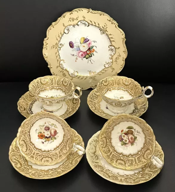 ANTIQUE 1830s Coalport Adelaide Shape Gold Gilt Floral Tea Set, Hand Painted