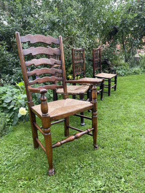 Set Of 4 Rush Seat Antique Oak Ladder back Dining Chairs With Drop Seats