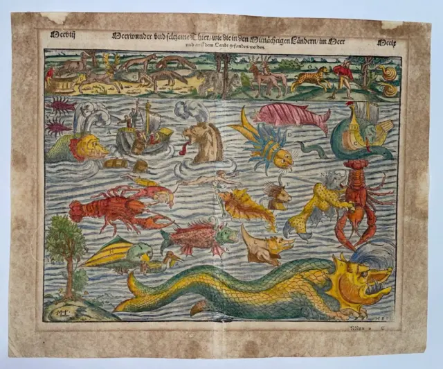 Sea Monster Chart 1598 Sebastian Munster Large Unusual Antique Map 16Th Century