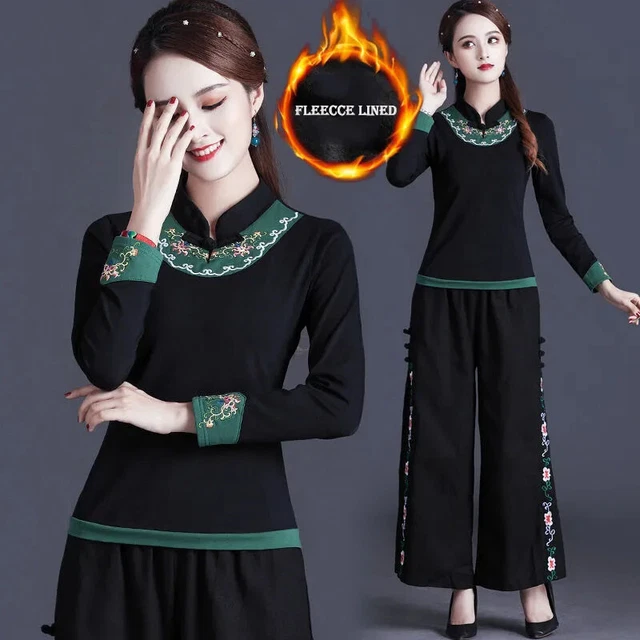 Women National Style Chinese Cheongsam Long Sleeve Embroidery T Shirt Blouse Top