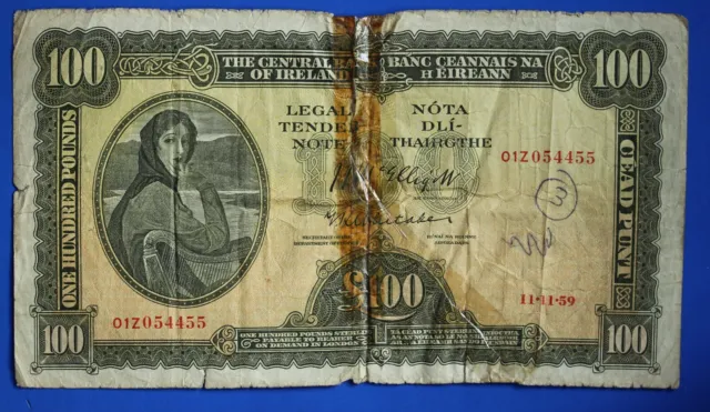 1959 Ireland Irish Eire, One Hundred pound £100 banknote Lady Lavery 01Z [28371]