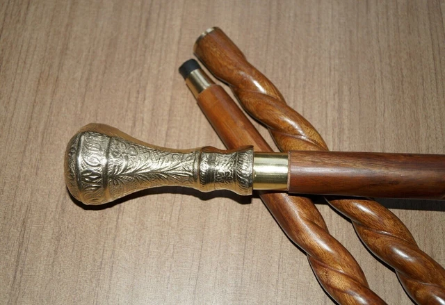 Vintage Nautical Brass Round Handle Brown Wooden Walking Stick 36" Twist Cane