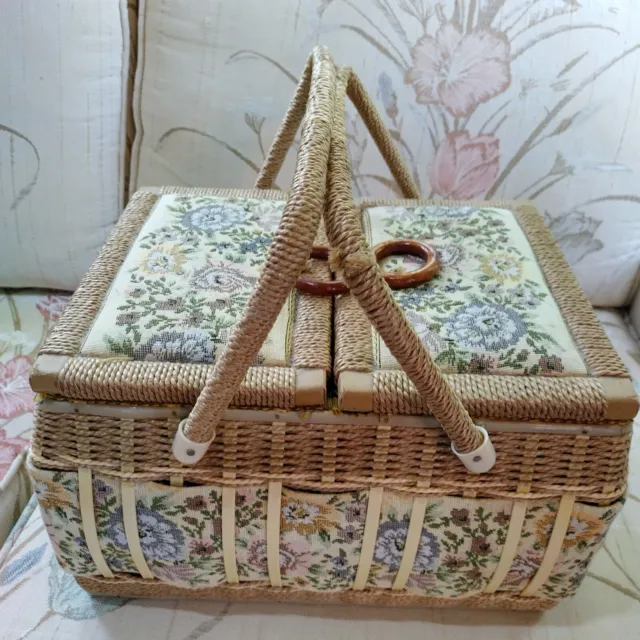 Large Vintage Multicolor Tapestry Floral Sewing Basket Box