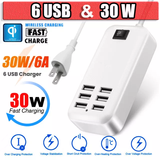 6 Port USB Desktop Multi-Function Fast Wall Charger Station AC Power Adapter 30W