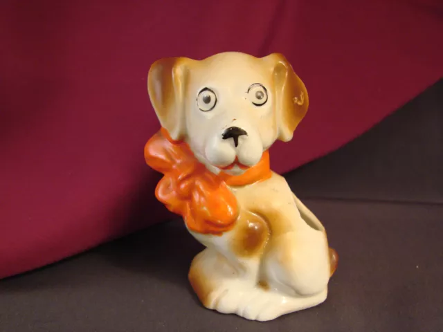 Vintage Japan JACK RUSSELL TERRIER Dog Figurine Planter Comical Whimsical Red Bo