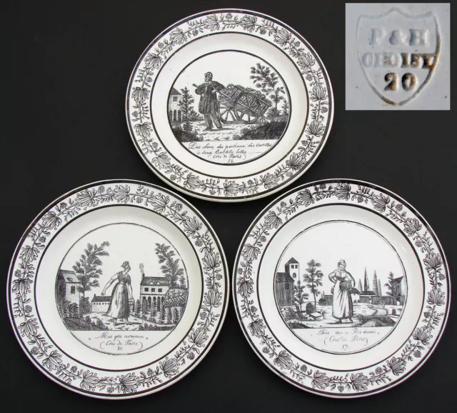 Antique Choisy 3pc Plate Set, Figural, "Cries de Paris", Country French Laborers