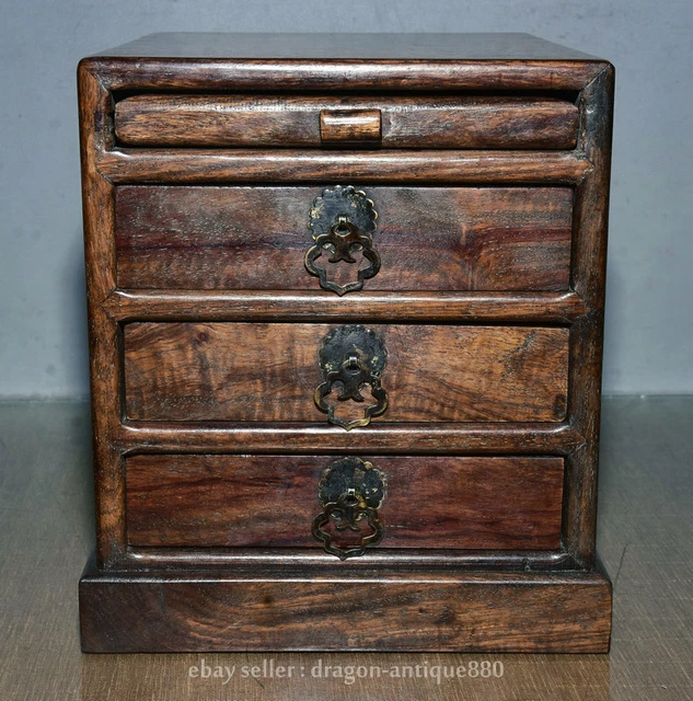 9.2" Old China Chinese huang hua li wood Carved 3 drawer Storage box cabinet