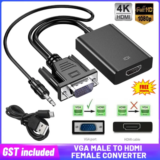 VGA Male to HDMI Female Converter Adapter 1080P Stereo Audio Output New