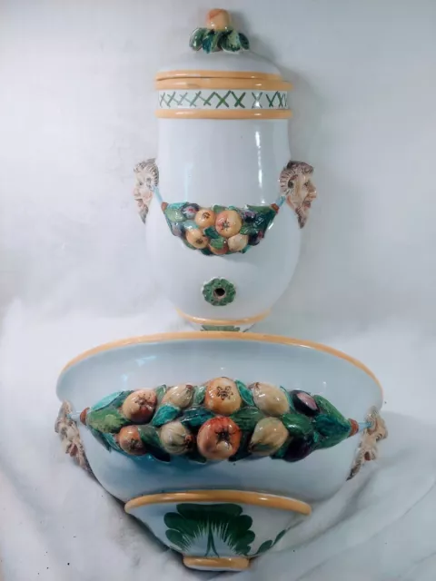 Majolica Lavabo Wall Fountain Made in Italy Hand Painted Satyr and Fruit