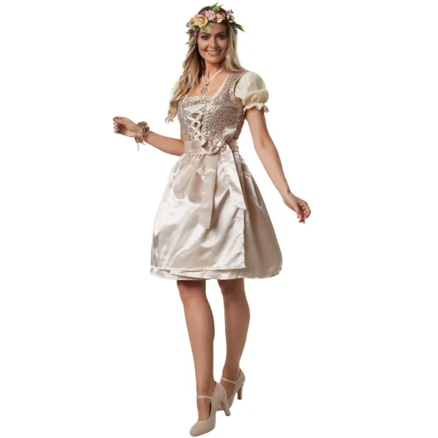 Mini abito tradizionale da donna dirndl abito grembiule Oktoberfest costume festa popolare beige 2